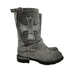NOW Boots Silver Cross Gray Suede Size EU 39 = US 8.5  Made Italy Moto Designer